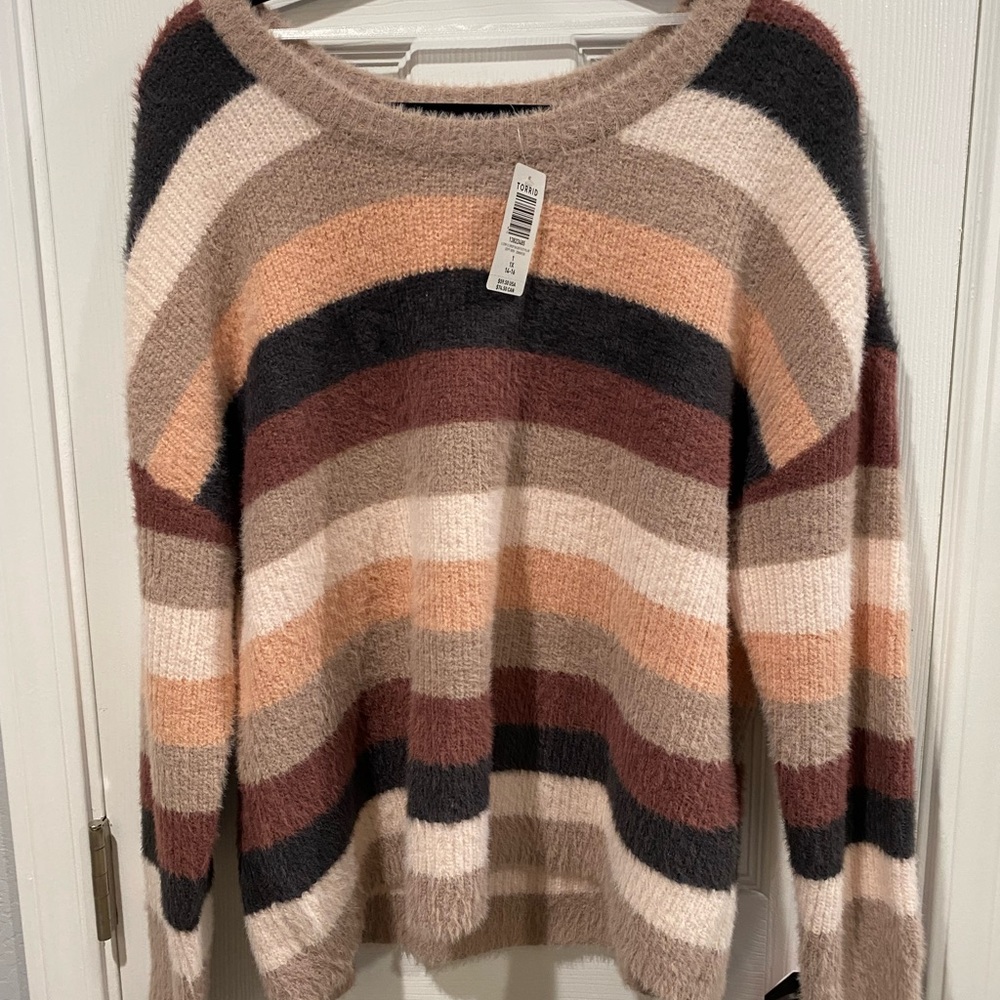 Fuzzy yarn pullover drop shoulder sweater